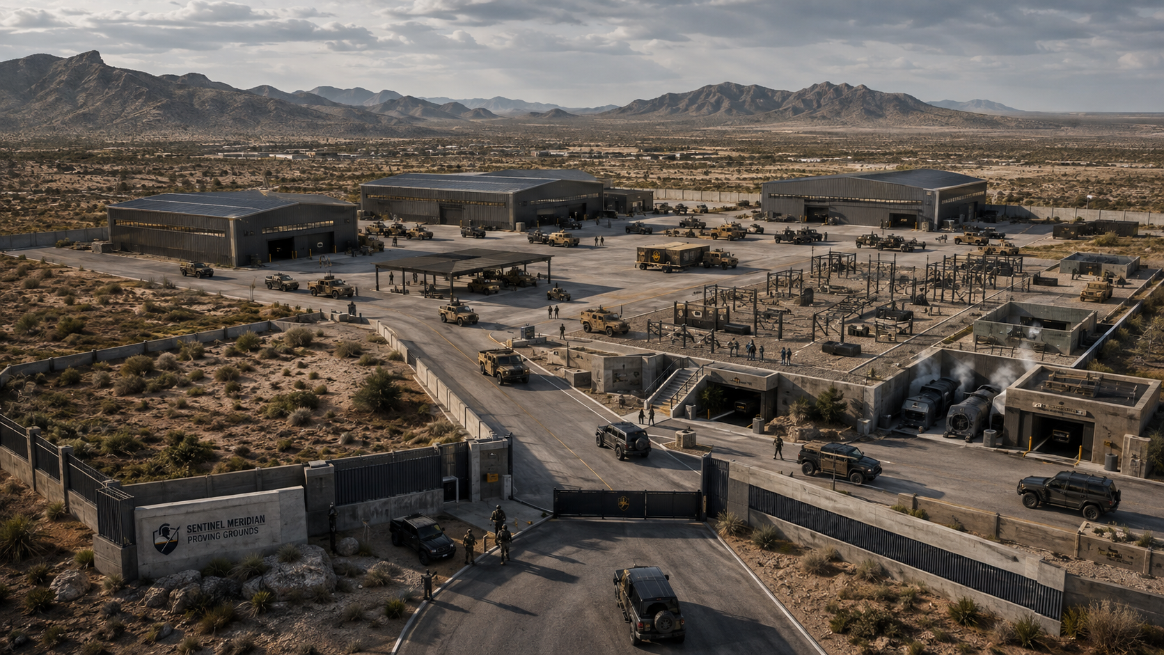 Conceptual aerial view of Sentinel Meridian Proving Grounds in the West Texas desert